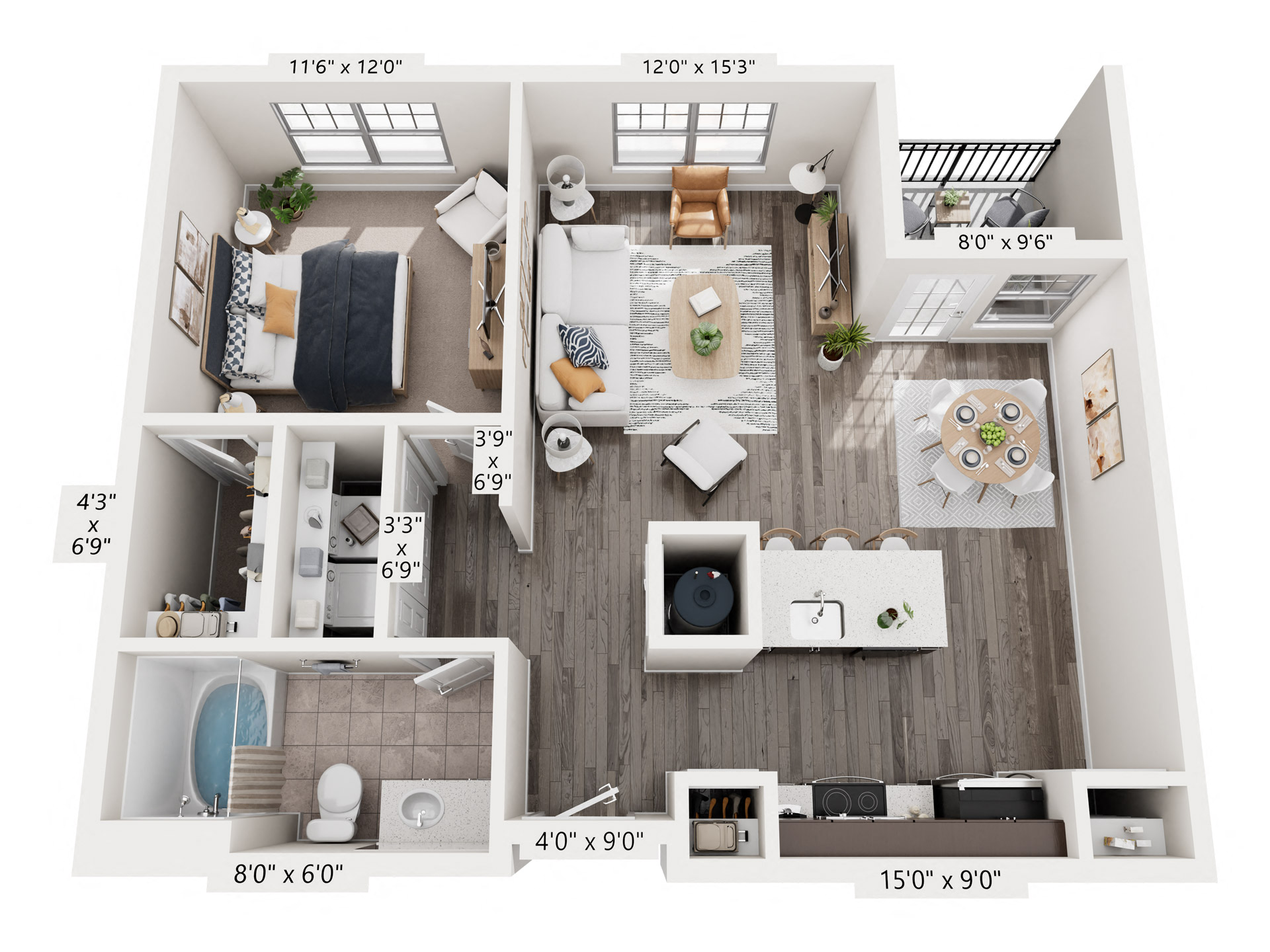 Floor plan for 1 bed, 1 bath, 787 sqft